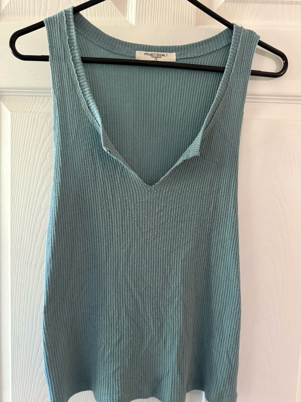 Project Social T Sleeveless Ribbed V-Neck Tank in Dusty Teal Blue-Green - Size L